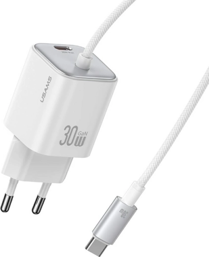 USAMS JC series CC264 30 W GaN rychlonabíječka s integrovaným USB‑C kabelem (bílá)