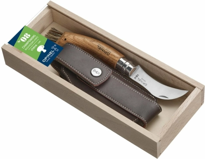Opinel N°08 Inox houbový kapesní nůž, dub, kožené pouzdro, dárková krabička