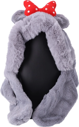 Dětská plyšová čepice se šálou s mašlí – šedá