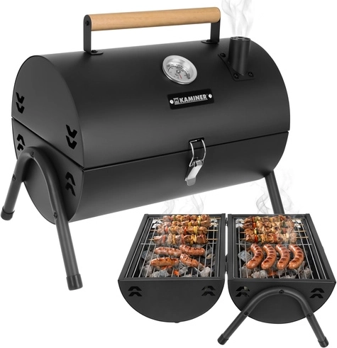 Přenosný zahradní uhlíkový gril s víkem a teploměrem KAMINER