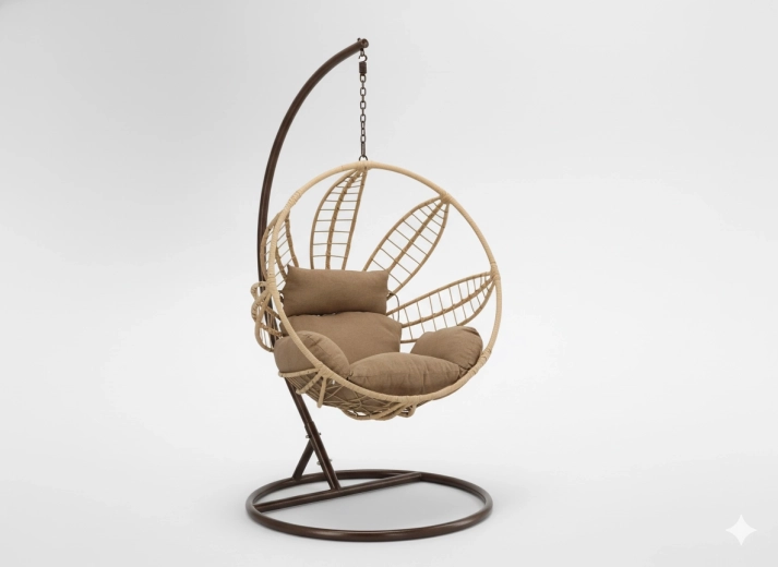 Závěsné křeslo Sobre – přírodní výplet, šedý polštář, hnědý rám