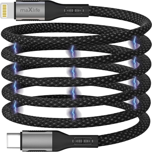 Maxlife magnetický kabel USB-C – Lightning 1 m 27 W, nylonový, černý