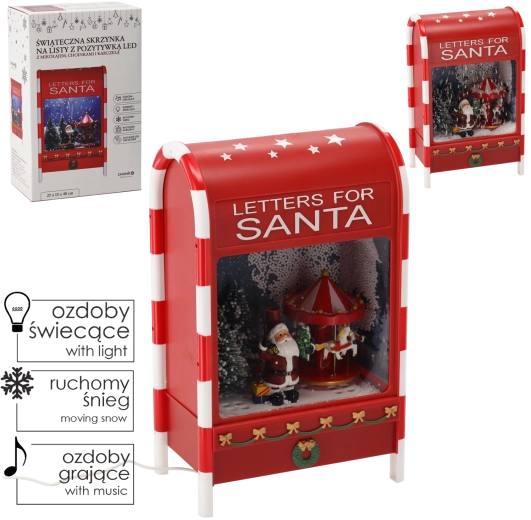 Vánoční poštovní schránka s LED, hudbou a kolotočem, červená, 25 × 15 × 40 cm