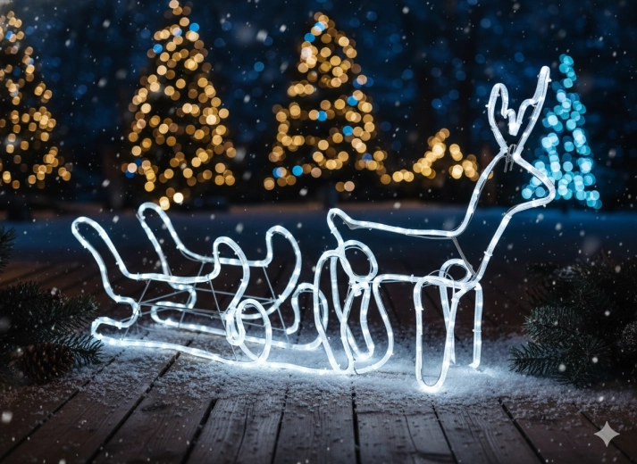 Vánoční LED sob se saněmi 120 × 27 × 66 cm – studená bílá se studeným blikáním