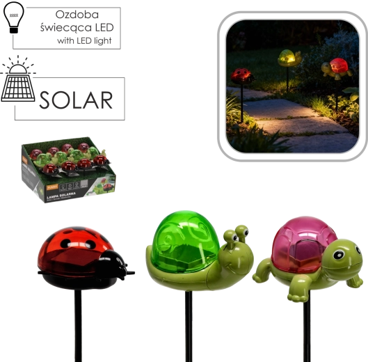 Solární zahradní LED zápich ve tvaru želvy, šneka a berušky – teplá bílá