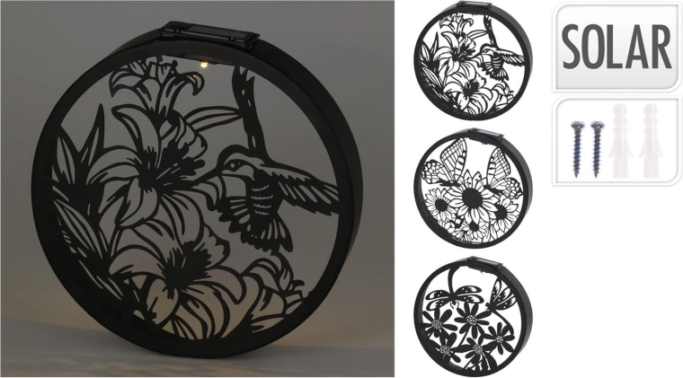 Solární nástěnná LED dekorace kruh kov černá/zlatá 25 cm