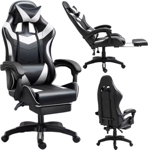 Herní kancelářská židle LEAN s výsuvnou opěrkou nohou, černo-bílá