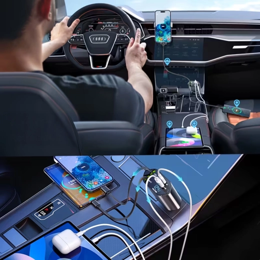 Autonabíječka 4v1 s USB‑C a Lightning, výsuvný kabel, 100 W rychlé nabíjení