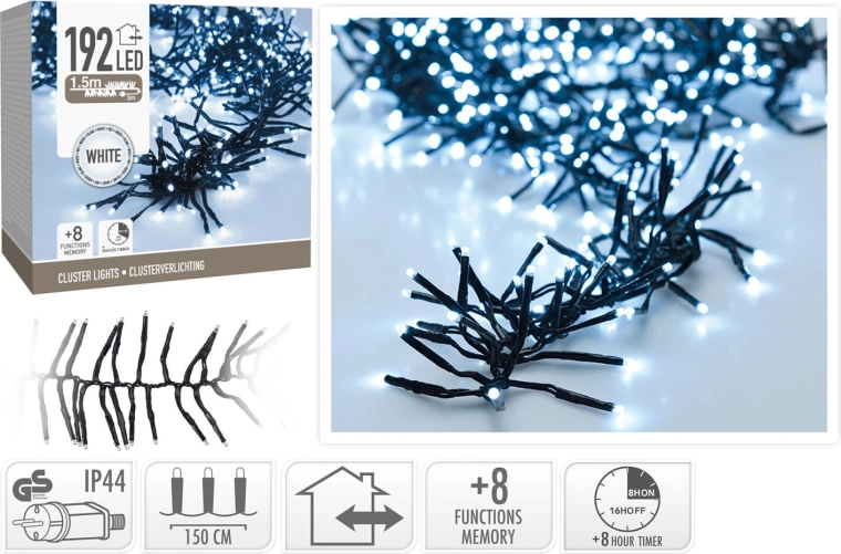 Vánoční LED řetěz 1,5 m, 192 LED, studená bílá, 8 funkcí s časovačem
