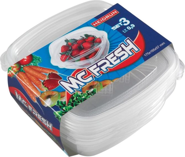Plastové čtvercové dózy s víčkem HEIDRUN McFresh 0,9 l, sada 3 ks