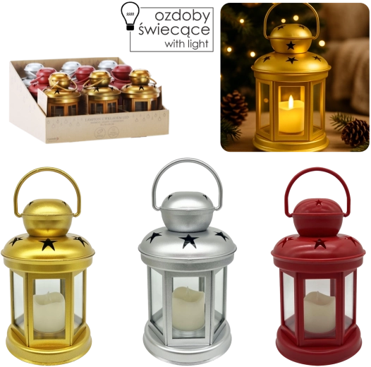 Dekorační LED lampion 19 cm – stříbrný, zlatý a červený