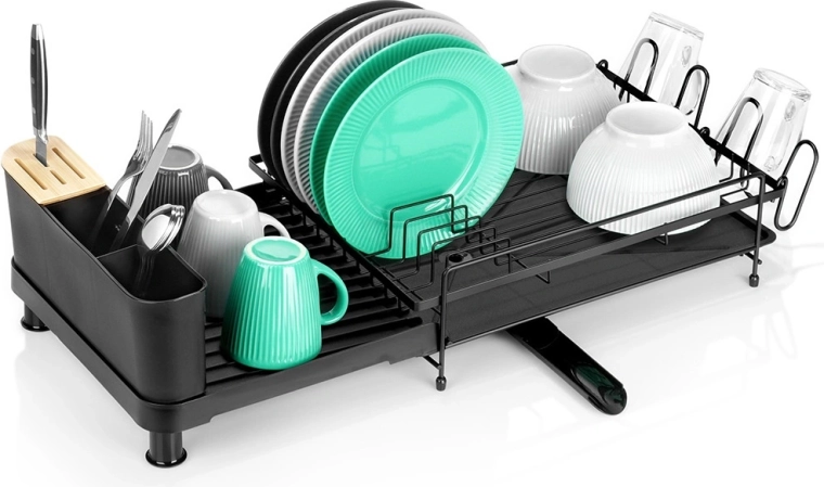 Rozsuvná kovová odkapávací miska na nádobí, černá, 48–70 × 32,5 × 18 cm