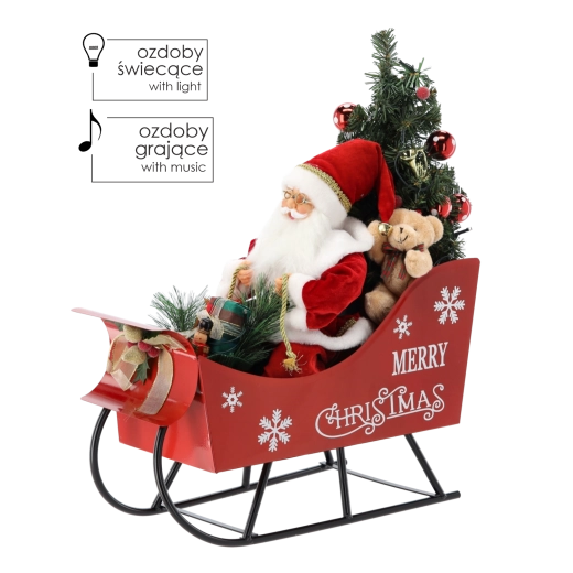 Mikuláš v saních s vánočním stromkem s LED a melodiemi 60 cm