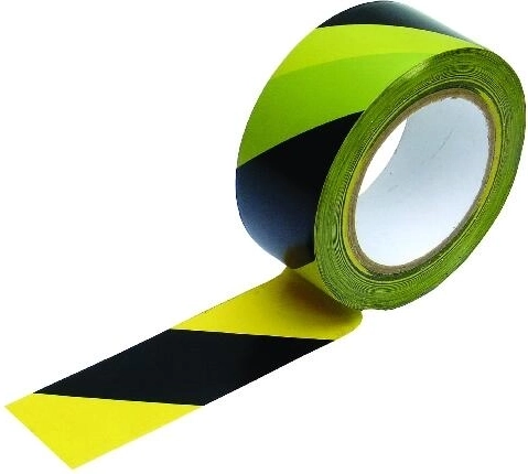 Samolepicí výstražná páska žluto‑černá, šikmé pruhy vlevo 48 mm × 33 m