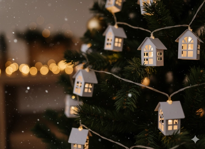 Světelný LED řetěz s kovovými domečky, 10 světel na baterie