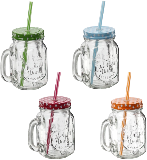 Skleněný hrnek s kovovým víčkem a brčkem 450 ml