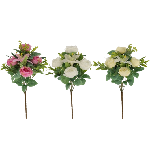 Umělá kytice růží a lilií 43 cm, mix barev