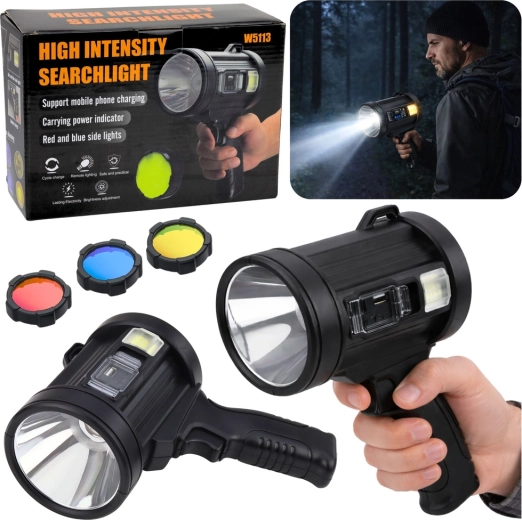 Solární LED ruční reflektor 800 lm s powerbankou a výměnnými filtry