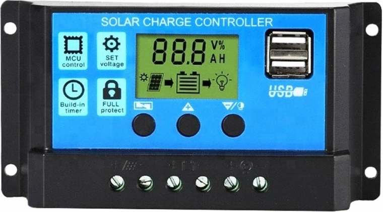 Regulátor solárního nabíjení 12–24 V PWM s LCD a USB