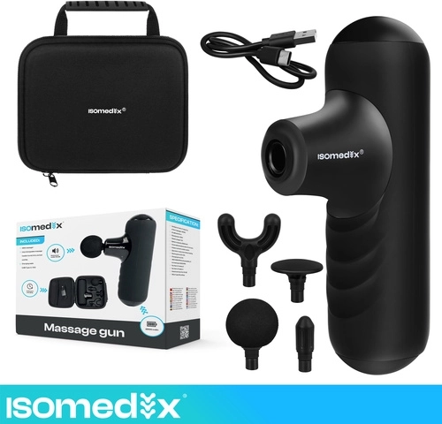 Masážní pistole mini Isomedix s 5 režimy, 4 nástavci a pouzdrem