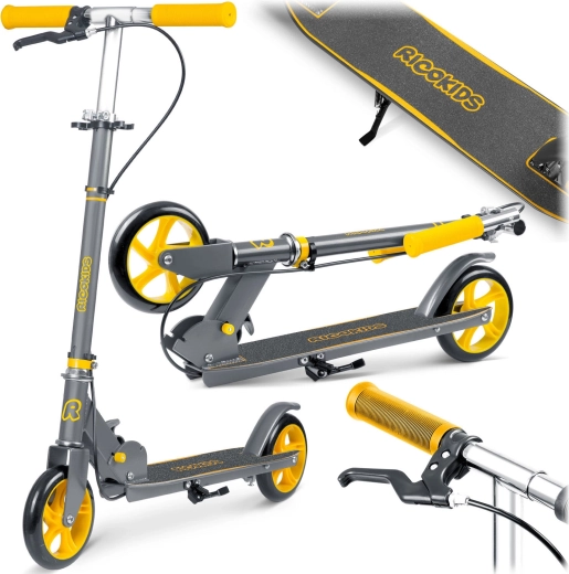 Dětská skládací koloběžka RICOKIDS Kodi šedo‑oranžová s ručním i nožním brzděním