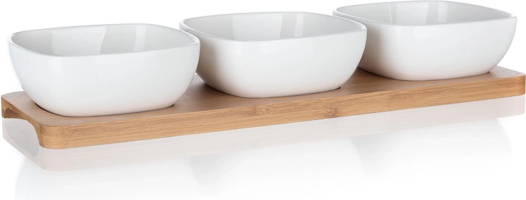 Sada servírovacích misek z porcelánu na bambusovém tácu BRILLANTE, 3 misky