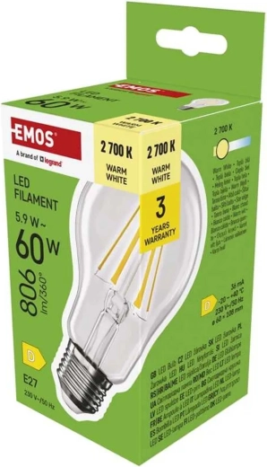 LED žárovka Filament A60 E27 5,9 W 806 lm teplá bílá