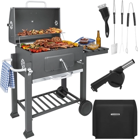 Zahradní gril na dřevěné uhlí s víkem a litinovým roštem KAMINER