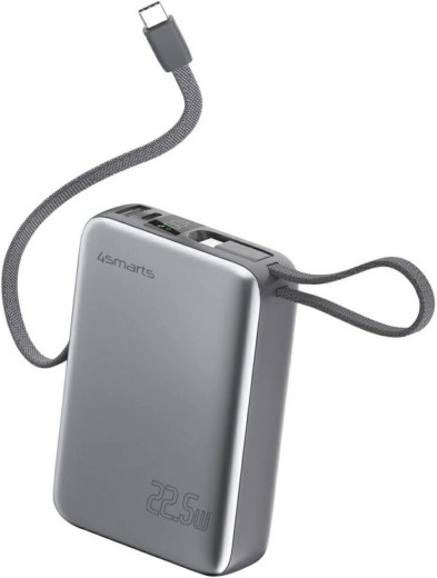 Powerbanka 4smarts Pocket Dual Cord 20000 mAh, 22,5 W, se zabudovaným kabelem USB‑C 15 cm, šedá