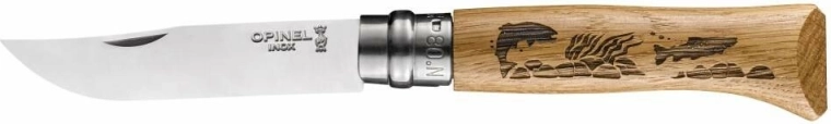 Opinel N°08 Inox Animalia kapesní nůž s motivem ryb, dubové dřevo, 8,5 cm