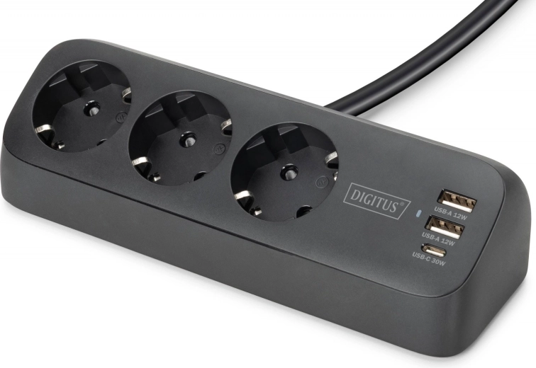 stolní prodlužovací přepěťová lišta se 3 zásuvkami schuko a usb-a/usb-c s deskovým svorkovým uchycením, černá