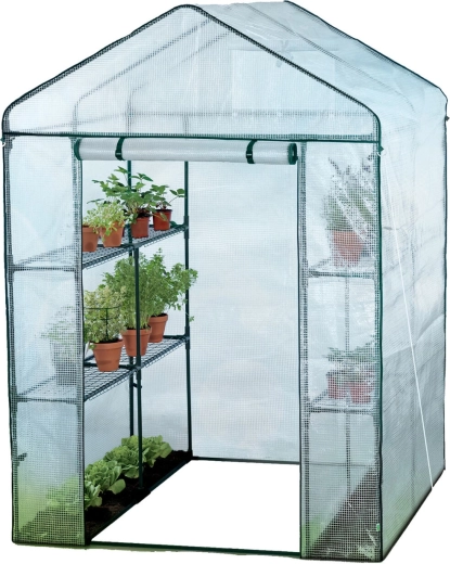 Zahradní fóliovník s policemi bílý 140 × 140 × 200 cm