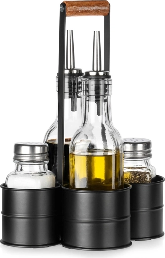 Sada na olej a ocet se solničkou a pepřenkou ve stojanu, 5dílná