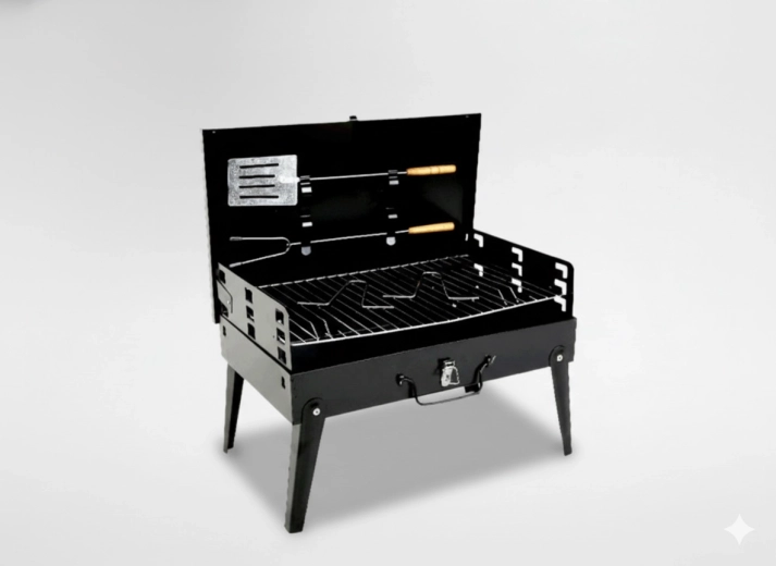 Skládací turistický gril ve tvaru kufříku s příbory 43 × 26,5 × 46,5 cm