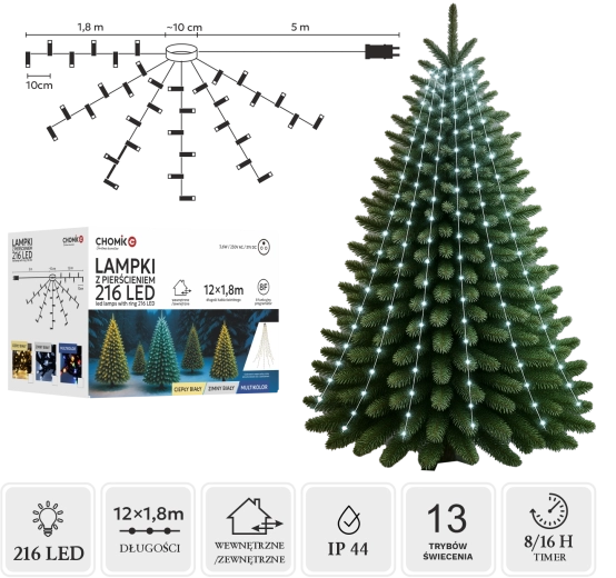 LED světelný řetěz s prstencem 1,8 m, 216 LED, studená bílá, interiér/exteriér