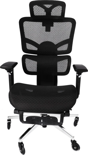 Ergonomická síťovaná kancelářská židle s opěrkou hlavy a výsuvnou podnožkou – černá