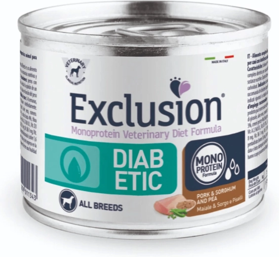 Exclusion Diabetic konzerva pro psy všech plemen, vepřové se sorgem a hráškem 200 g