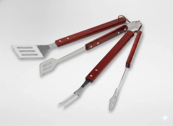 Sada 3 grilovacích nástrojů s dřevěnými rukojeťmi – obracečka, kleště a vidlice