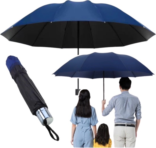 Velký skládací deštník s 12 žebry, tmavě modrý potah, 110 cm