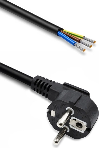 Napájecí kabel se zahnutou vidlicí Schuko CEE 7/7, odizolované pocínované vodiče, 3×1,0 mm², 1,8 m
