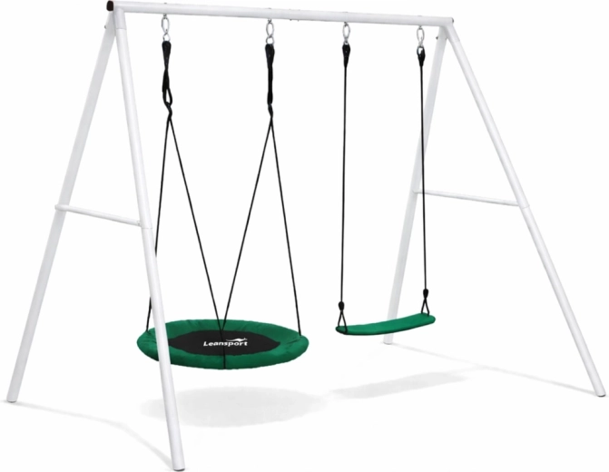 Zahradní houpačka se stojanem 2 v 1 – hnízdo 80 cm a klasické sedátko, bílý rám