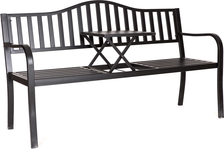 Zahradní ocelová lavička se sklopným stolkem 150 cm – černá