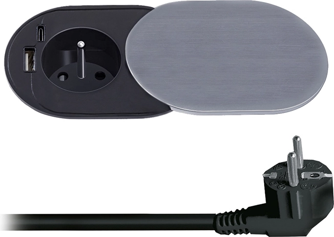 Solight vestavná zásuvka 230 V s USB-A a USB-C PD 20 W s posuvným víčkem, 2 m, stříbrná