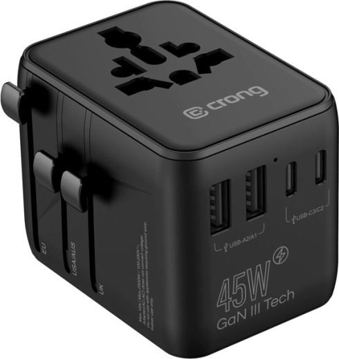 Univerzální cestovní adaptér s GaN III 45 W (UK/EU/US/AU), černý - 1 kus