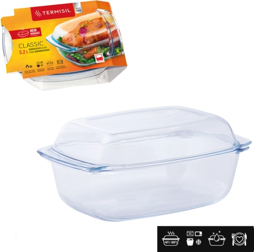 Obdélníková žáruvzdorná skleněná zapékací mísa s víkem 5,2 l