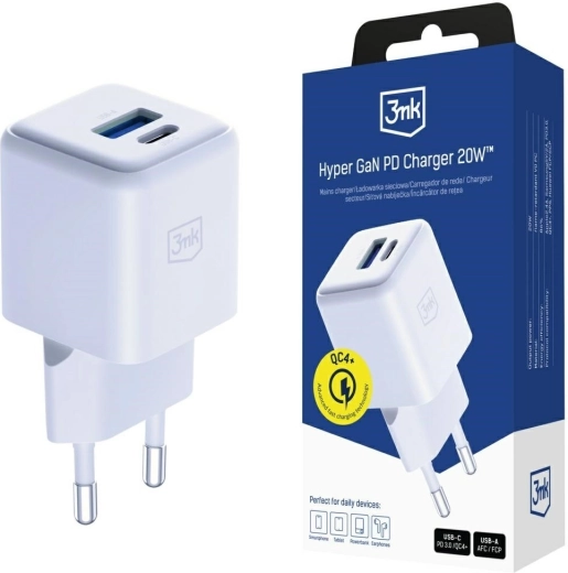 3mk Hyper GaN síťová nabíječka 20 W USB-A a USB-C bílá
