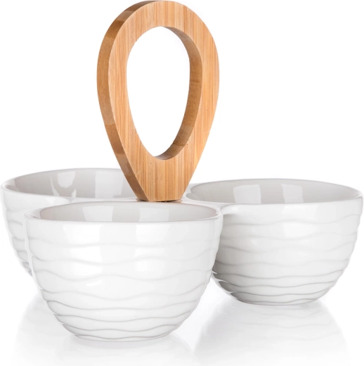 Servírovací set tří porcelánových misek s bambusovým držadlem BRILLANTE
