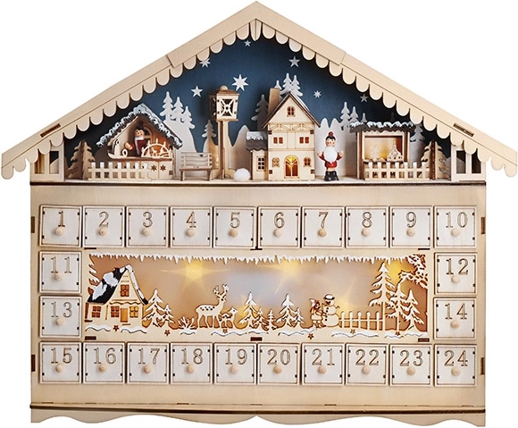 Solight led adventní kalendář ve tvaru horské chaty, 10× led, 50 × 40 cm
