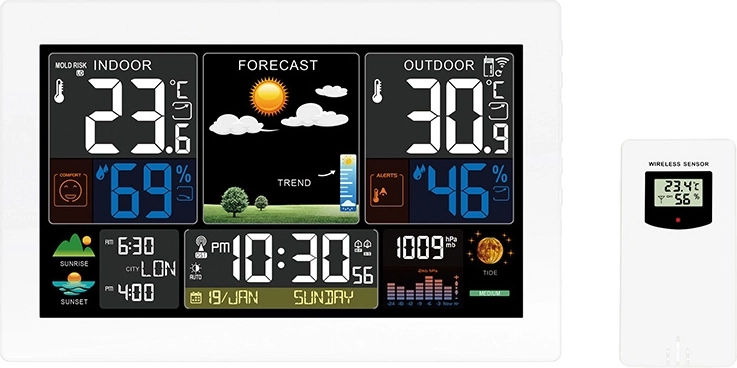 Solight meteostanice s extra velkým barevným LCD displejem, měřením teploty, vlhkosti a tlaku, RCC a USB nabíjením, bílá
