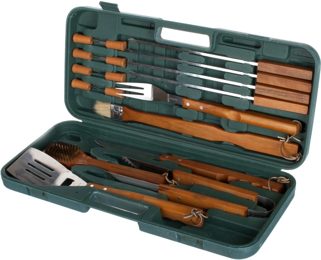 Sada grilovacího nářadí z nerezu s dřevěnými rukojeťmi, 18 dílů v kufru